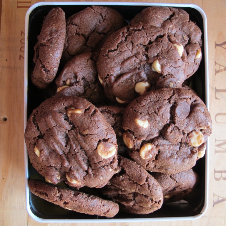 Mocha double chocolate cookies in a tin